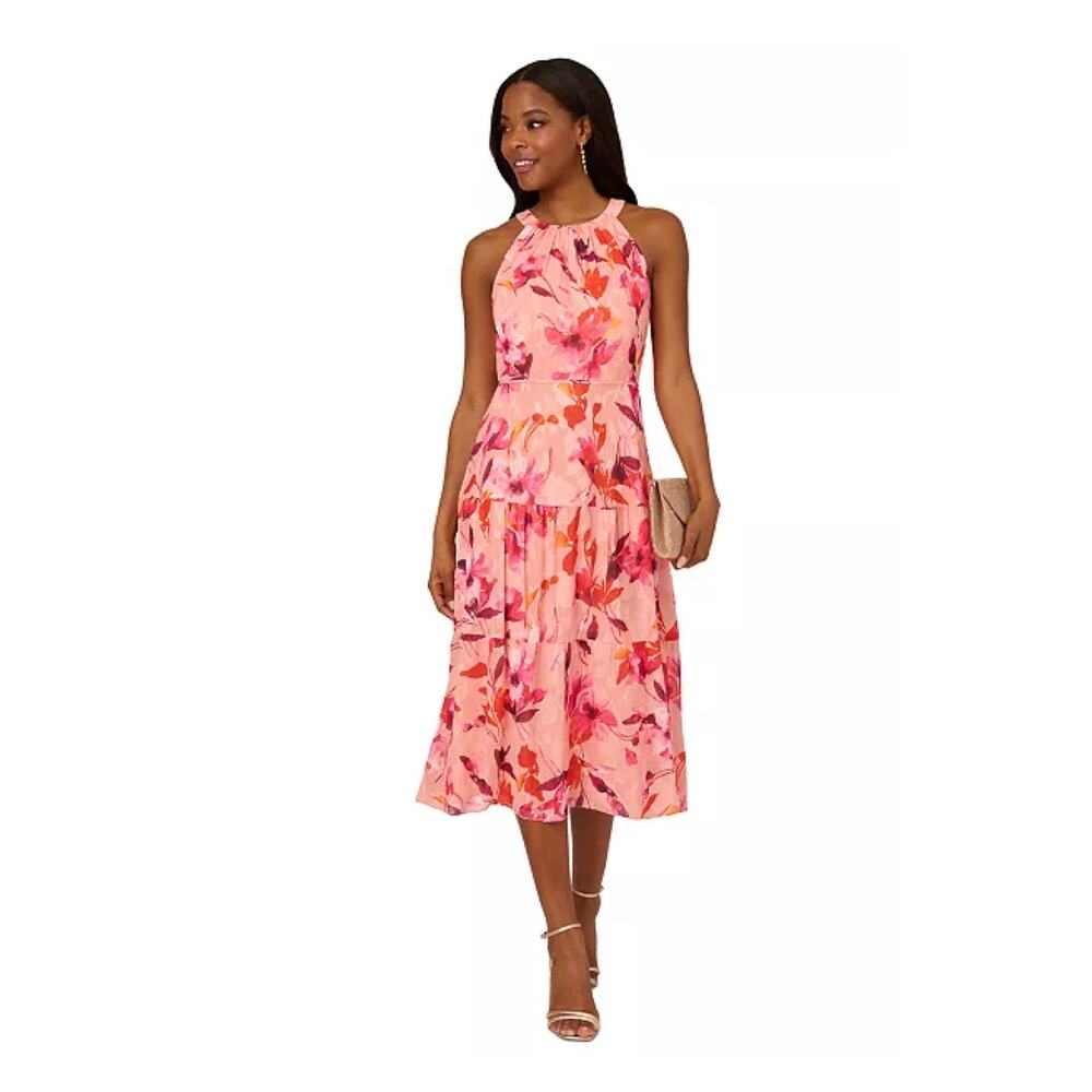 Adrianna Papell Orange Pink Halter Midi Dress